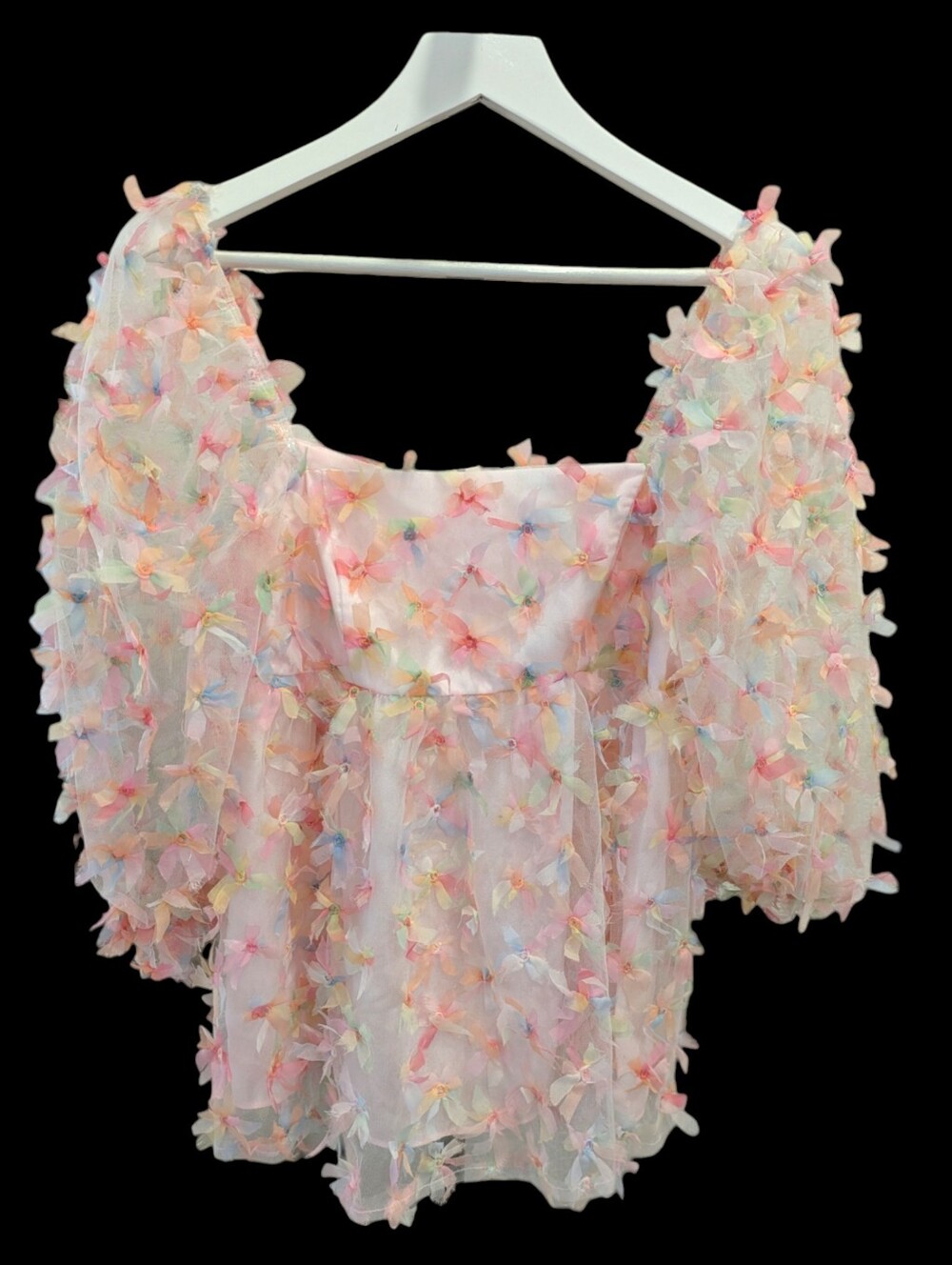 Storia 3D Floral Top Small Pink Sheer Tulle Babydoll Puff Sleeve Applique Boho